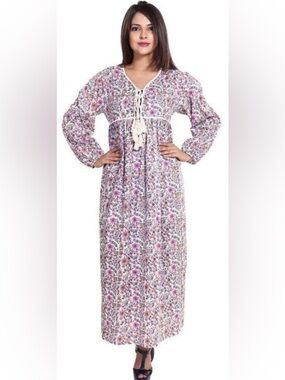 Karni Floral Cotton Voile Maxi Dress Boho Tassel Tie Long Sleeve L